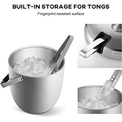 Insulated Double Walled SS Ice Bucket with Ice Tongs, Scoop, Lid and Exclusive Handmade Nylon Holder