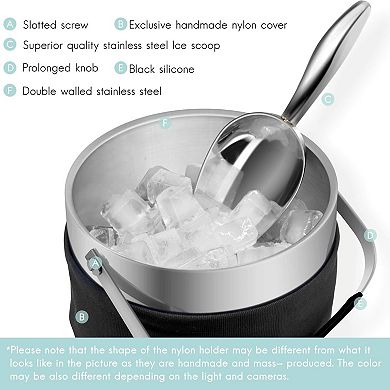 Insulated Double Walled SS Ice Bucket with Ice Tongs, Scoop, Lid and Exclusive Handmade Nylon Holder