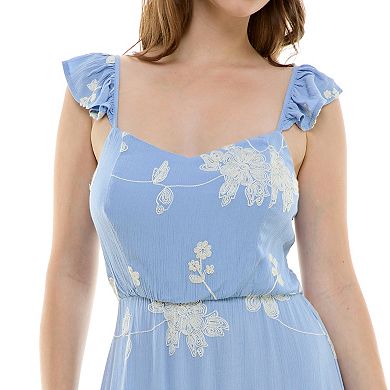 Indo Era Yellow Floral Embroidered Flutter Sleeve A-Line Maxi Dress