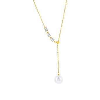 Argento Bella Freshwater Cultured Pearl Cubic Zirconia Lariat Necklace