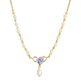 1928 Gold Tone Simulated Pearl Porcelain Rose Y-Necklace