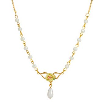 1928 Gold Tone Simulated Pearl Porcelain Rose Y-Necklace