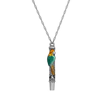 1928 Silver Tone Enamel Parrot Whistle Necklace