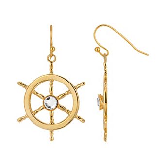 1928 Gold Tone Crystal Center Boat Wheel Drop Earrings
