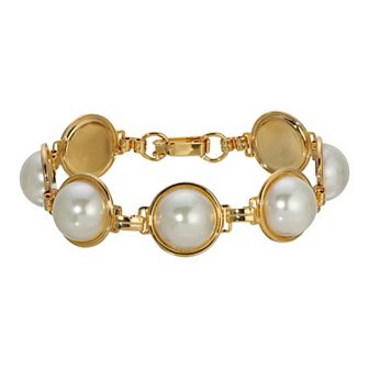 1928 Gold Tone Simulated Pearl Link Statement Bracelet
