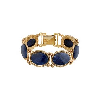 1928 Gold Tone Blue Sodalite Oval Stone Link Bracelet
