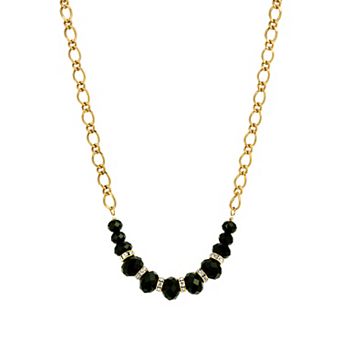 1928 Gold Tone Crystal & Black Bead Necklace