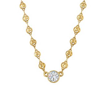 1928 Gold Tone Crystal Smiley Face Link Necklace