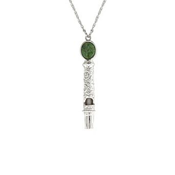 1928 Silver Tone Jade Accent Filigree Whistle Pendant Necklace