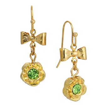 1928 Gold Tone Green Crystal Flower & Bow Drop Earrings