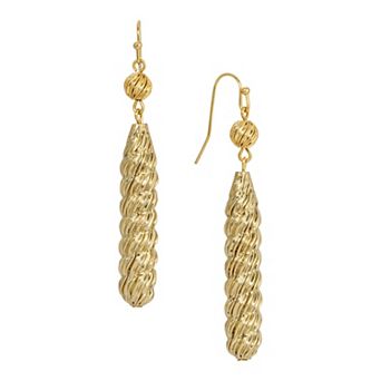 1928 Gold Tone Textured Fluted Tube Drop Earrings