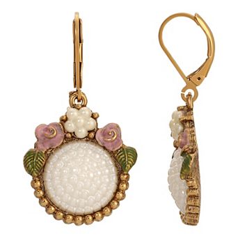 1928 Gold Tone Simulated Pearl Pink Flower Round Drop Earrings
