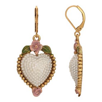 1928 Gold Tone Simulated Pearl Pink Flower Heart Drop Earrings
