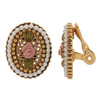 1928 Gold Tone Simulated Pearl Pink Flower Oval Clip-On Stud Earrings