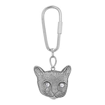 1928 Silver Tone Crystal Cat Key Fob