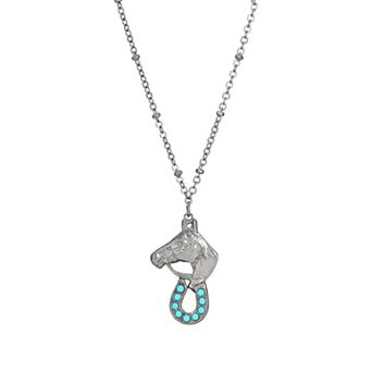 1928 Silver Tone Turquoise Crystal Horse & Horseshoe Necklace