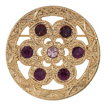 1928 Gold Tone Purple Crystal Round Flower Pin