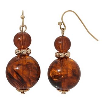 1928 Gold Tone Brown Bead Double Drop Earrings