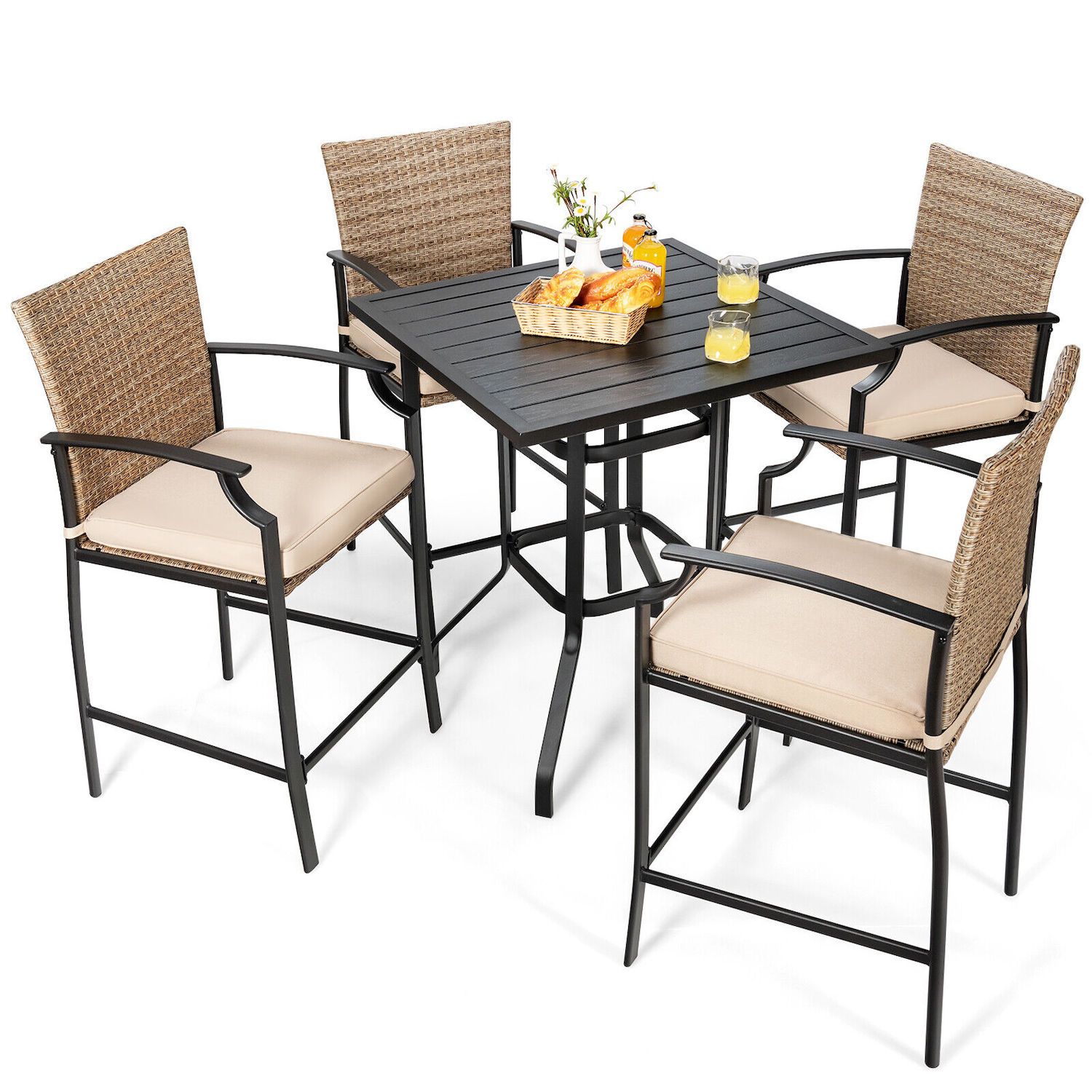 3 Pieces Patio Wicker Furniture Set with 2-Tier Side Table and Cushioned Armchairs-Natural