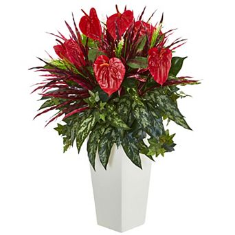 nearly natural Mixed Anthurium Artificial Plant in White Tower Vase