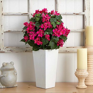nearly natural Pink Bougainvillea Artificial Plant in White Tower Planter