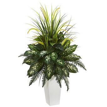 nearly natural Mixed River Fern & Dog Tail Artificial Plant in White Tower Planter