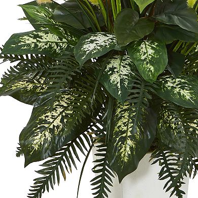 nearly natural Mixed River Fern & Dog Tail Artificial Plant in White Tower Planter