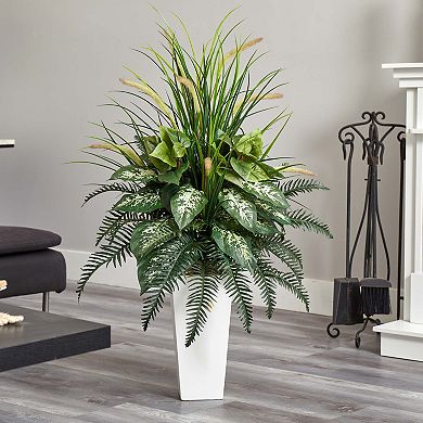 nearly natural Mixed River Fern & Dog Tail Artificial Plant in White Tower Planter