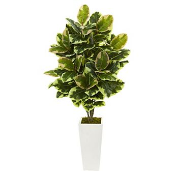 nearly natural Variegated Rubber Leaf Artificial Plant in White Tower Vase