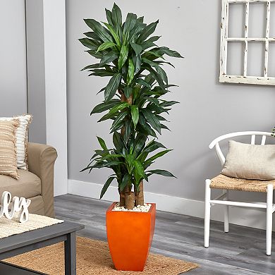 nearly natural 5.5-ft. Real Touch Dracaena Plant in Orange Square Planter