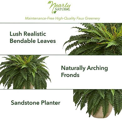 nearly natural 22-in. Boston Fern Artificial Plant in Sandstone Planter