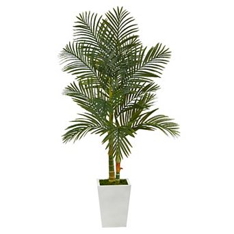 nearly natural 5.5-ft. Golden Cane Artificial Palm Tree in White Metal Planter