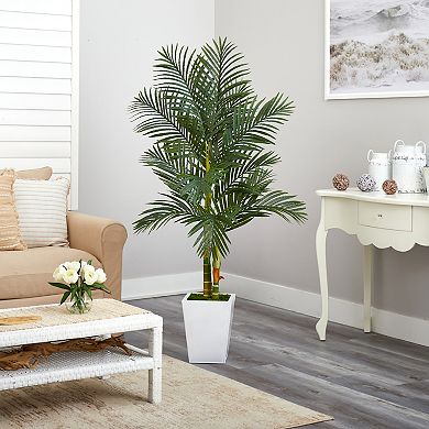 nearly natural 5.5-ft. Golden Cane Artificial Palm Tree in White Metal Planter