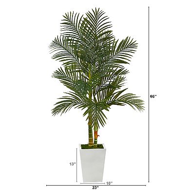 nearly natural 5.5-ft. Golden Cane Artificial Palm Tree in White Metal Planter