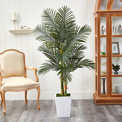 nearly natural 5.5-ft. Golden Cane Artificial Palm Tree in White Metal Planter