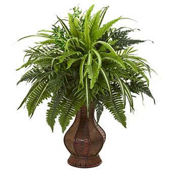 nearly natural 26 in Mixed Greens & Fern Artificial Plant in Decorative Planter