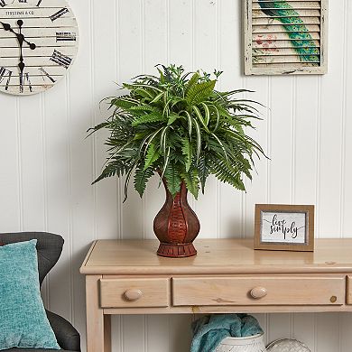 nearly natural 26-in. Mixed Greens & Fern Artificial Plant in Decorative Planter