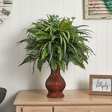 nearly natural 26-in. Mixed Greens & Fern Artificial Plant in Decorative Planter