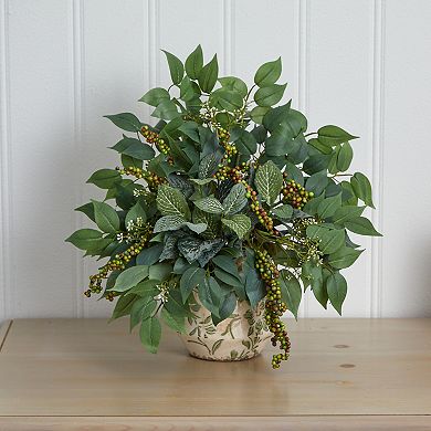 nearly natural Mixed Ficus, Fittonia & Berries Artificial Plant in Floral Vase