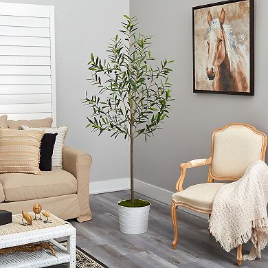 nearly natural 70-in. Olive Artificial Tree in White Tin Planter