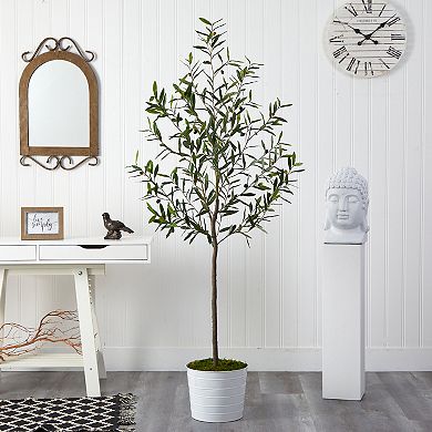 nearly natural 70-in. Olive Artificial Tree in White Tin Planter