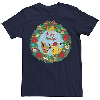 Men's Pokemon Happy Holidays Christmas Wreath Tee