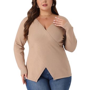 Women's Plus Size Knit Deep V Neck Wrap Curvy Pullover Sweaters