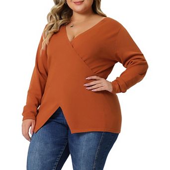 Women's Plus Size Knit Deep V Neck Wrap Curvy Pullover Sweaters