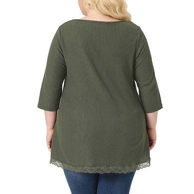 Plus Size Blouse for Women Waffle 3/4 Sleeve Round Neck Lace Panel Loose High Low Hem Tops