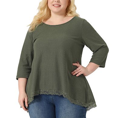 Plus Size Blouse for Women Waffle 3/4 Sleeve Round Neck Lace Panel Loose High Low Hem Tops