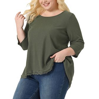 Plus Size Blouse For Women Waffle 3/4 Sleeve Round Neck Lace Panel Loose High Low Hem Tops