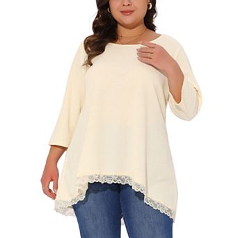 Plus Size Blouse For Women Waffle 3/4 Sleeve Round Neck Lace Panel Loose High Low Hem Tops