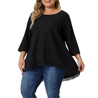 Plus Size Blouse for Women Waffle 3/4 Sleeve Round Neck Lace Panel Loose High Low Hem Tops