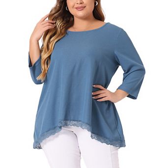 Plus Size Blouse for Women Waffle 3/4 Sleeve Round Neck Lace Panel Loose High Low Hem Tops